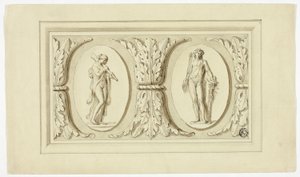 Twee medaillons met staande figuren van Omphale en Bacchus, gescheiden door ontwerp van Acanthusbladeren
