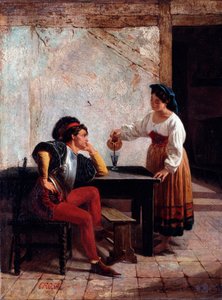 Jonge dienaar in een herberg en een soldaat door Giovanni Battista Crosa