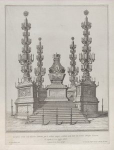 Catafalque voor paus Clemens X: een centrale structuur op een platform met 15 treden, 1676