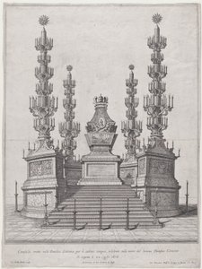 Catafalque voor Paus Clemens X, centrale structuur bovenaan een vijftien treden platform, 1676