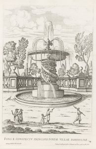 Fontein met dolfijnen in de tuinen van Villa Doria Pamphilj te Rome door Giovanni Battista Falda