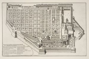 Pauselijke tuin en paleis van het Quirinale, uit Il Nuovo Teatro della Fabriche et Edifici in Prospettiva di Roma Moderna door Giovanni Battista Falda
