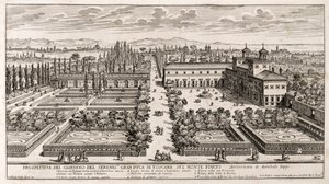 Perspectief van de tuinen van Villa Medici in Rome, gravure uit 