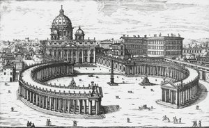 Vaticaanstad, Uitzicht op Piazza San Pietro met de Sint-Pietersbasiliek en de Vaticaanse paleizen, gravure door Giovanni Battista Falda. 1665 door Giovanni Battista Falda
