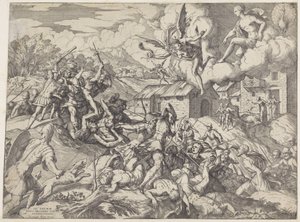 Soldaten van Aeneas vechten met dienaren van koning Latinus door Giovanni Battista Fontana