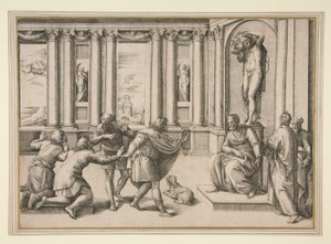 Man zittend onder een standbeeld van Bacchus, ontvangt een publiek