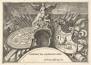 Trofeeën van Romeinse wapens van decoraties boven de ramen op de tweede verdieping door Giovanni Battista Galestruzzi