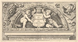 Titelplaat voor serie prenten naar Poloidoro, titel op een schild ondersteund door twee putti, 1658
