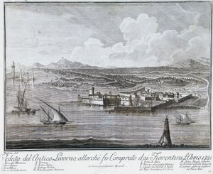 Uitzicht op de haven van Livorno toen het werd gekocht door de Florentijnen in 1421, gravure uit Collectie van beste uitzichten van Stad en Haven van Livorno