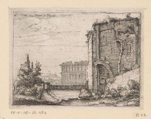 Ruïnes van antiek bouwwerk en het Colosseum te Rome door Giovanni Battista Mercati