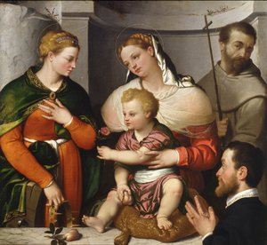 Madonna en Kind met St. Catharina, St. Franciscus en de schenker, ca. 1550 door Giovanni Battista Moroni