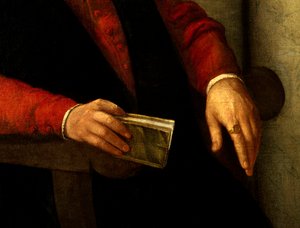 Vermoedelijk portret van Francois Rabelais (1494-1553), Franse schrijver en arts. Detail van het boek dat hij in zijn hand houdt en van de ridder die hij aan zijn vinger draagt. Schilderij door Giovanni Battista Moroni (1525-1578) door Giovanni Battista Moroni