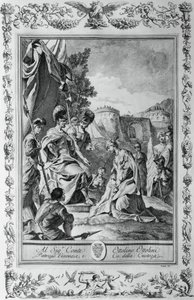 Armida voor Goffredo, gravure, door Giovanni Battista Piazzetta voor Canto III van Jeruzalem Bevrijd, door Torquato Tasso, uitgegeven door Giovanni Battista Albrizzi, Venetië, Italië door Giovanni Battista Piazzetta