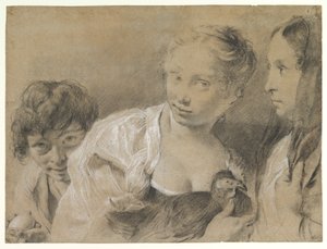 Jongen met een ei, meisje met een hen en een toekijkende vrouw door Giovanni Battista Piazzetta