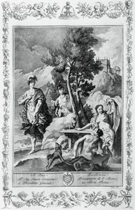 Carlo en Ubaldo op Gelukkige Eilanden, gravure, door Giovanni Battista Piazzetta voor Canto XV van Jeruzalem Bevrijd, door Torquato Tasso, Giovanni Battista Albrizzi editie, Venetië, Italië door Giovanni Battista Piazzetta