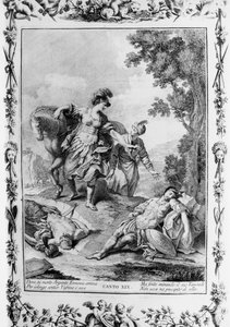 Erminia komt de gewonde Tancredi tegen, Canto XIX, Jeruzalem bevrijd door Giovanni Battista Piazzetta