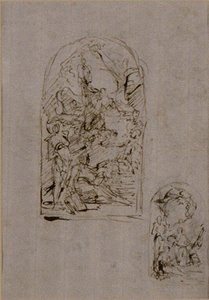Schetsen voor een altaar met de heilige Margaretha van Cortona, de heilige Sebastiaan en de heilige Roch (recto); Twee schetsen voor een altaar (verso) door Giovanni Battista Piazzetta