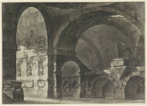 Interieur van een groot antiek gebouw met tongewelven en een koepelsubstructie