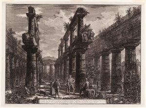 A., B. Uitzicht op de overblijfselen van de twee rijen kolommen in de Tempel van Neptunus die oorspronkelijk de colonnades langs de zijkanten van de cella vormden en het bovenste deel van het dak ondersteunden, uit Verschillende uitzichten van Paestum