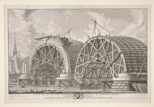 Een uitzicht op een deel van de beoogde brug bij Blackfriars, Londen, in augustus MDCCLXIIII door Robert Mylne, Architect, gegraveerd door Piranesi in Rome door Giovanni Battista Piranesi