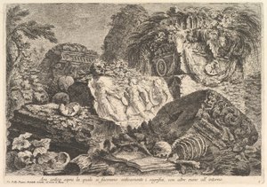 Oud Altaar waarop in de oudheid offers werden gebracht, omringd door andere ruïnes door Giovanni Battista Piranesi