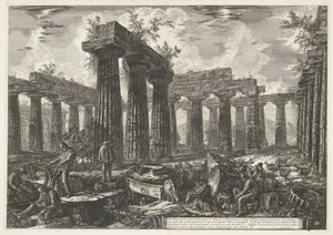 Basilica di Paestum te Paestum (Verschillende weergaven van de resten van drie grote gebouwen die nog steeds staan te Paestum) door Giovanni Battista Piranesi