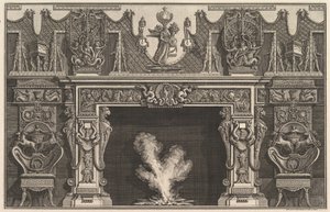 Vogel in schelp in het midden van de latei, met een fries van trofeeën, bekroond door een..., 1769