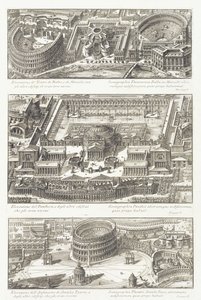 Vogelvluchtweergaven van: de Balbo en Marcello Theaters, het Pantheon en omgeving, en het Statilio Tauro Amfitheater