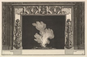 Schouwstuk: Beledigde griffioenen op de latei en kandelabers op de stijlen door Giovanni Battista Piranesi