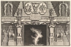 Schouw in Egyptische stijl: Groepen van drie vrouwelijke naakten aan de basis van elke j..., ca. 1769 door Giovanni Battista Piranesi