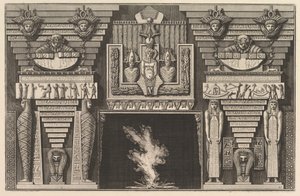 Schouw in Egyptische stijl: Twee mummies in profiel links en twee figuren..., ca. 1769