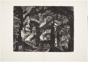 Complexe groepen van onderling verbonden ruïnes met bogen die balken en touwen ondersteunen door Giovanni Battista Piranesi