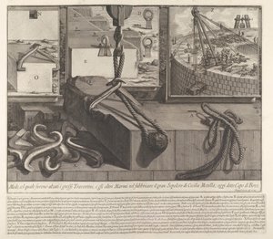 Demonstratiepaneel dat techniek toont voor het heffen van travertijn- en marmerblokken voor de bouw door Giovanni Battista Piranesi