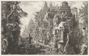 Frontispice met een fantasievoorstelling van de Via Appia Antica door Giovanni Battista Piranesi