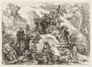 Groteschi: Ruïnes met doodshoofd en skelet
