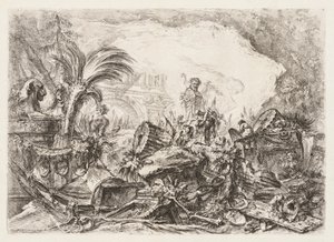 Groteschi: Ruïnes met een standbeeld van een faun en een gevallen zuil, ca. 1745-50 door Giovanni Battista Piranesi