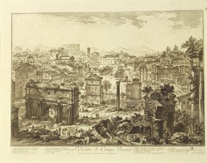 Italië, Rome, uitzicht op Campo Vaccino (Forum Romanum) met de Boog van Septimius Severus door Giovanni Battista Piranesi