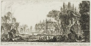 Deel van de oude Via Appia ongeveer drie mijl buiten Porta S. Sebastiano, plaat 19 uit Enkele Zichten op Triomfbogen en andere monumenten door Giovanni Battista Piranesi