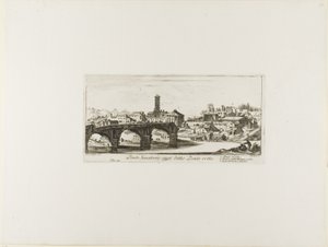 Senatoriale Brug, tegenwoordig Ponte Rotto [Gebroken Brug] genoemd. 1. Tempel van Vesta. 2. Tempel van Fortuna Virilis. 3. Deel van de oude Palatijn, plaat 14 uit Some Views of Triumphal Arches and other Monuments. door Giovanni Battista Piranesi