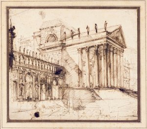 Het Portiek en de Gevel van een Uitgebreid Neoklassiek Gebouw door Giovanni Battista Piranesi