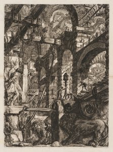De gevangenissen: Een perspectief van Romeinse bogen, met twee leeuwen in reliëf gesneden door Giovanni Battista Piranesi