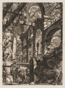 De gevangenissen: Een perspectief van Romeinse bogen, met twee leeuwen in reliëf gehouwen op stenen platen op de voorgrond door Giovanni Battista Piranesi