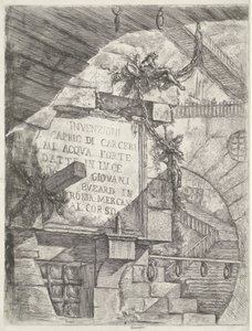 Titelprent met gezicht in kerker en titel op muur door Giovanni Battista Piranesi