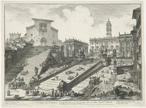 Trappen naar Piazza del Campidoglio en de Santa Maria in Aracoeli te Rome door Giovanni Battista Piranesi