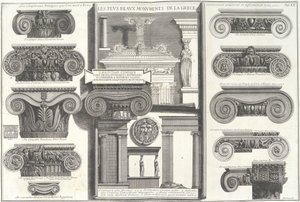 Verschillende Romeinse Ionische kapitelen vergeleken met Griekse voorbeelden..., midden 18e eeuw door Giovanni Battista Piranesi