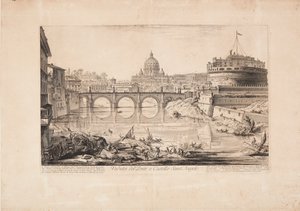Gezicht op de brug en de Engelenburcht, het Mausoleum van Hadrianus, met boten op de Tiber op de voorgrond en de koepel van de Sint-Pietersbasiliek op de achtergrond door Giovanni Battista Piranesi