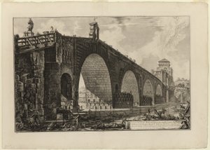 Uitzicht op de Ponte Molle [of Milvian Bridge] over de Tiber twee mijl buiten Rome, uit Zichten van Rome door Giovanni Battista Piranesi