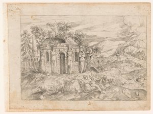 Landschap met antieke tempel met kariatiden door Giovanni Battista Pittoni (I) (attributed to)
