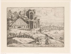 Landschap met antieke ruïnes en de Kolossus van Rhodos door Giovanni Battista Pittoni (I)
