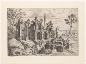 Landschap met antieke ruïnes, sculptuur en obelisk door Giovanni Battista Pittoni (I)